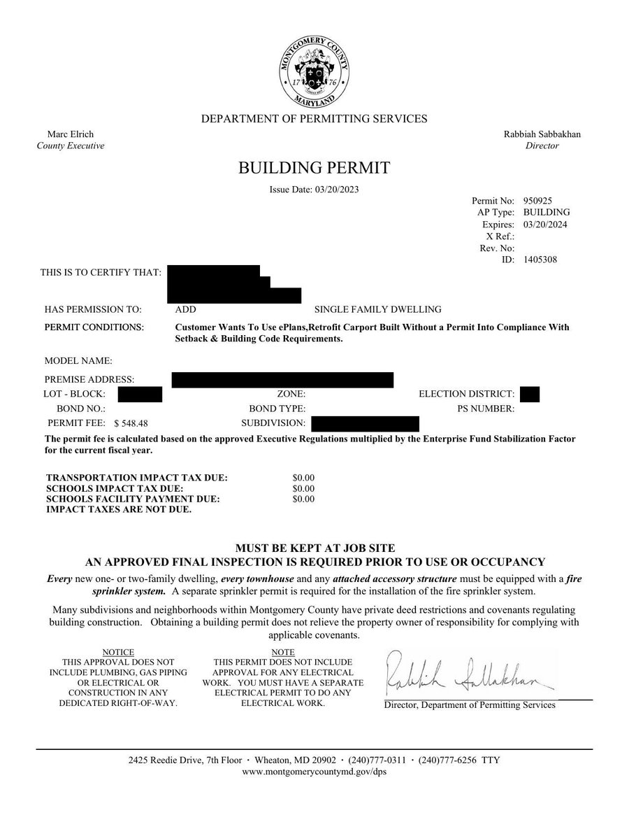 Montgomery County Building Permit #950925 — issued for the carport variance retrofit, with identifying information redacted