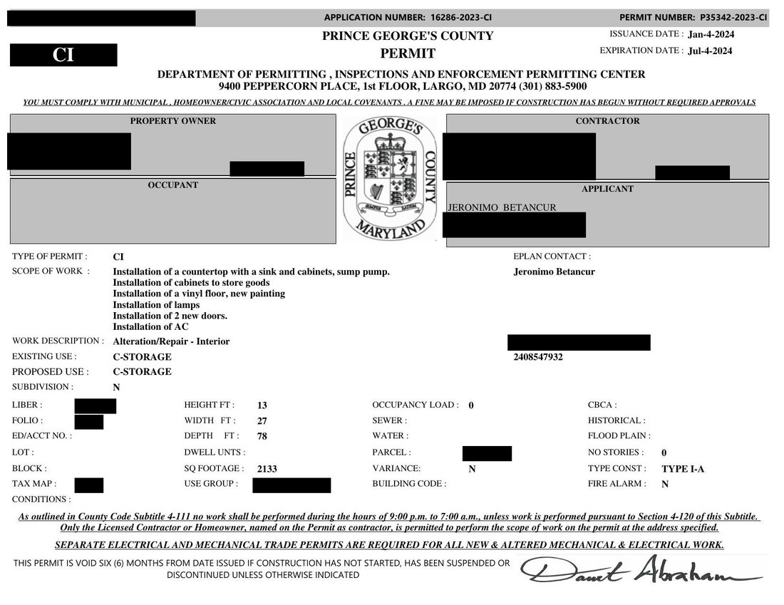 Prince George's County Permit P35342-2023-CI, issued January 4, 2024, by the Department of Permitting, Inspections and Enforcement. Identifying personal information redacted.