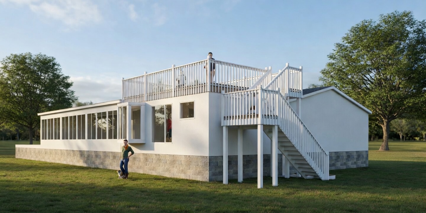 Exterior view of the addition from the side yard, showing the new white-railed deck, exterior stair, and the white-clad addition above the crawl-space podium