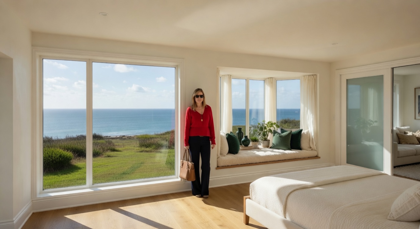 Interior view of the master bedroom looking north across the Chesapeake, with a bay window seat and large picture window