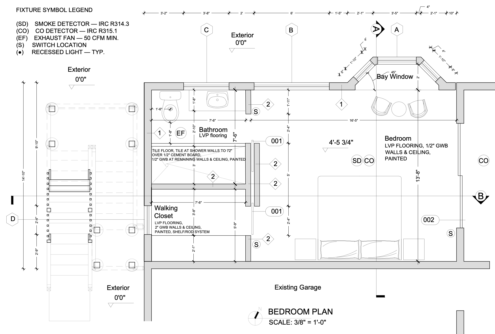 Architectural floor plan A-003 showing the new bedroom, bathroom, walking closet, bay window, and stair, with the existing garage, kitchen, and living/dining spaces labeled below