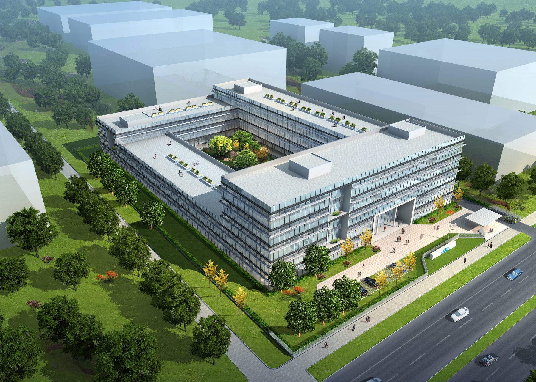 EPC Research & Development Building — aerial showing courtyard and green-roof terraces