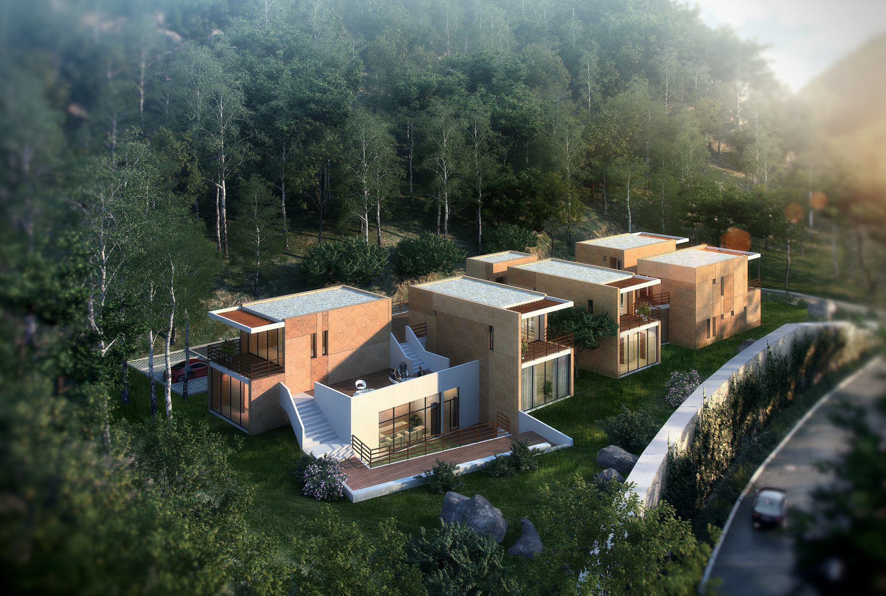 Pingu Villa — modular cube cluster on a forested slope