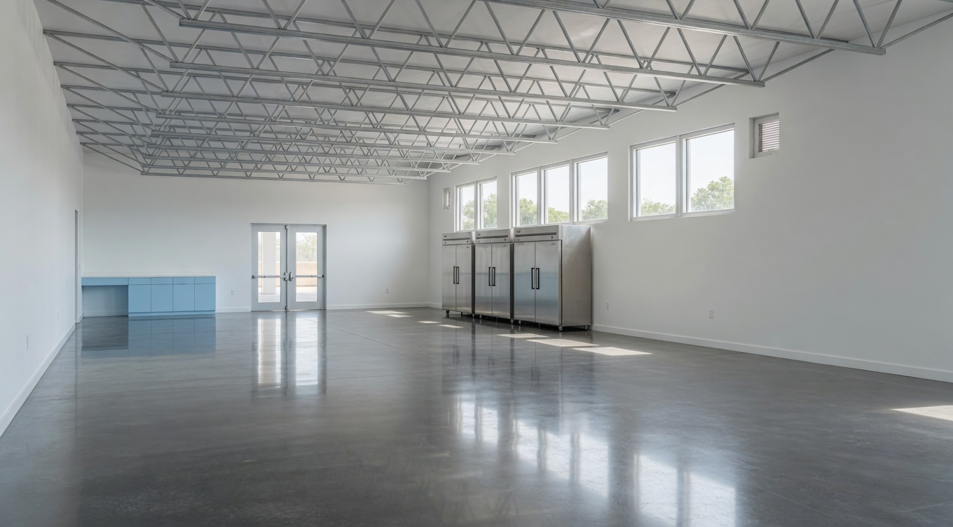 Zion Church Pantry — interior view of the renovated commercial space with preserved roof trusses, polished concrete floor, and commercial refrigeration